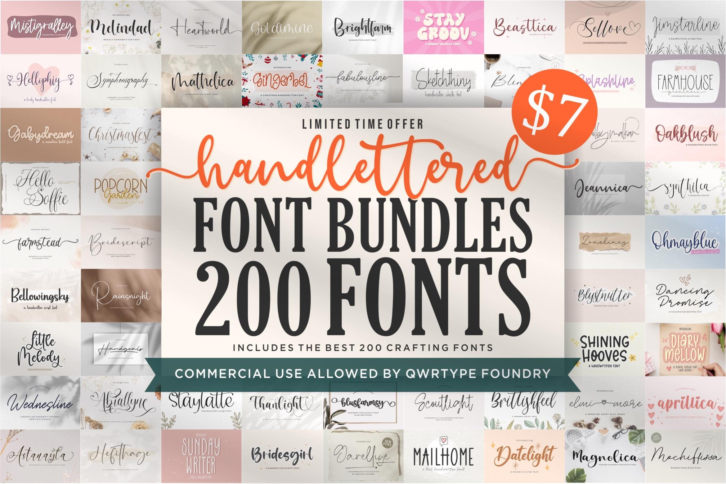 Paquete de fuentes handlettered – 200 tipografías manuscritas, caligrafía, script y compatibles con Cricut con licencia comercial