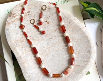 Carneool en parelketting: 14k gold filled, hypoallergeen
