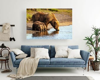 Brown Bear Sow and 3 Cubs Drinking, wildlife photography art, wall room art, Alaska art, nature, photo print, brown bear art, bear, print