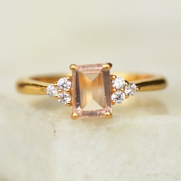 Emerald Cut Peach Sapphire Engagement Ring, Minimal Dainty Band, 10k/14k/18k Ring in Solid Rose Gold, Sapphire Promise Ring For Women's