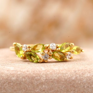 Vintage Marquise Peridot Wedding Band Rose Gold Moissanite Cluster Wedding Ring Stacking Wedding Band August Birthstone Rings For Her