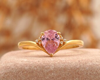 Quinn Pink Sapphire Wedding Ring, Pear Sapphire Ring, Sapphire Cluster Ring, Gold Curved Diamond Ring, Art Deco Bridal Ring, Rings for women