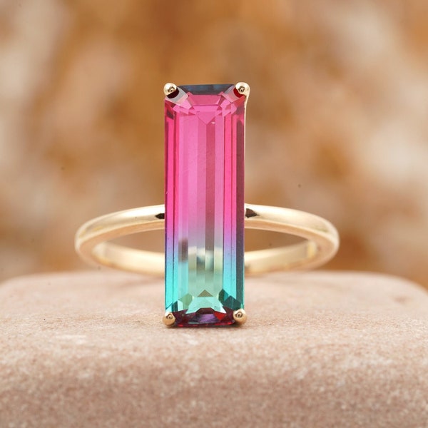 Long Baguette Cut Watermelon Tourmaline Ring, Bicolor Engagement Ring, Rose Gold Silver Tourmaline Quartz Ring, Pink Green Gemstone Ring
