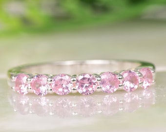 Pink Sapphire Eternity Band Ring, Half Eternity Band, September Birthstone, Round Cut Light Pink Sapphire Band, Anniversary Gifts for Her