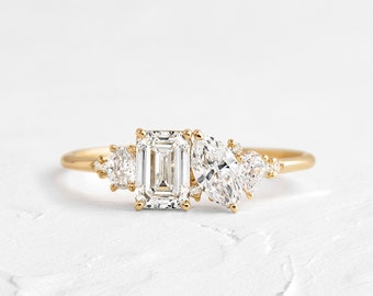 Einzigartiger Moissanite Verlobungsring, Toi et Moi Cluster Ring, zarter Ring, personalisierte Ring, Jubiläumsring, zarter Braut Versprechen Ring