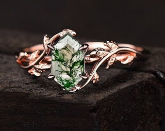 Long-Hexagon Cut Moss Agate Ring 925 Sterling Silver Ring Moss Agate Engagement Ring Branches Leaf Twig Nature Inspired Ring, Promise Ring