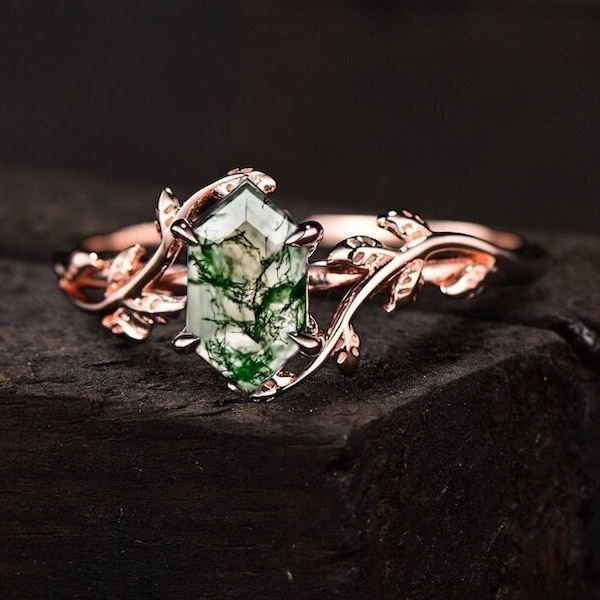 Long-Hexagon Cut Moss Agate Ring 925 Sterling Silver Ring Moss Agate Engagement Ring Branches Leaf Twig Nature Inspired Ring, Promise Ring