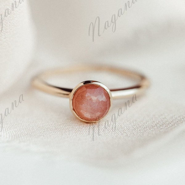 Dainty Peach Moonstone Ring, Moonstone Promise Ring, Simple Orange Moonstone Ring, Handmade Gold Ring, Round Stacking Ring, Promise Ring