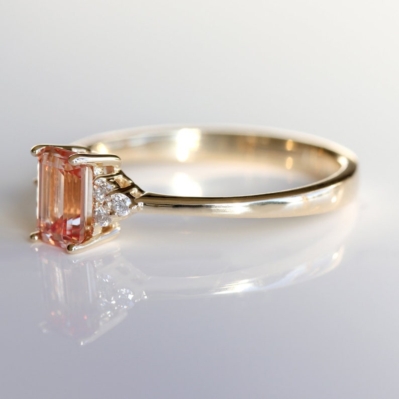 Emerald Cut Peach Sapphire Engagement Ring Minimal Dainty Etsy