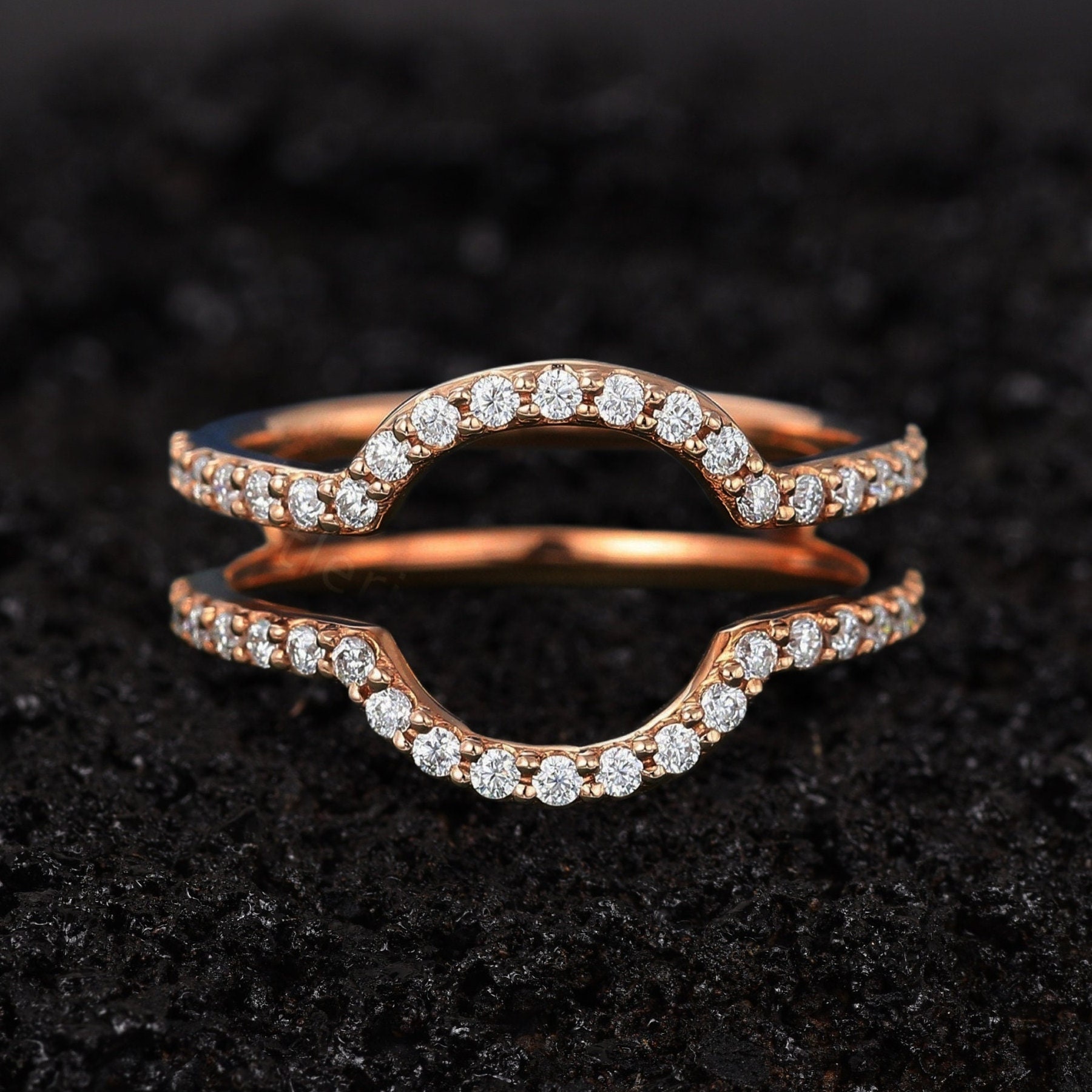Rose Gold Wedding Band Women Curved Diamond Stack Ring Guard 