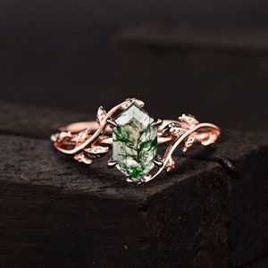 Long-Hexagon Cut Moss Agate Ring 925 Sterling Silver Ring Moss Agate Engagement Ring Branches Leaf Twig Nature Inspired Ring, Promise Ring image 2