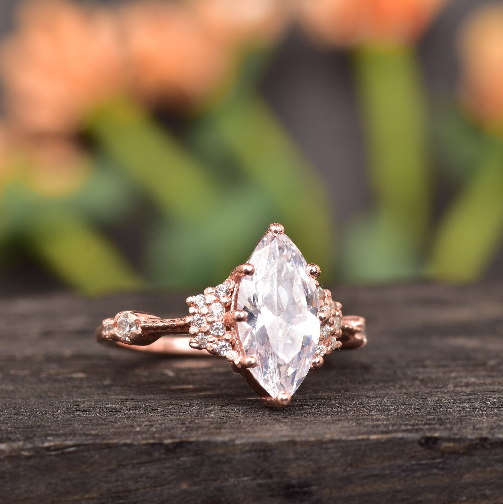 Teardrop White Sapphire Engagement Ring Vintage Inspired Gold