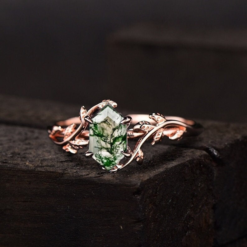 Long-Hexagon Cut Moss Agate Ring 925 Sterling Silver Ring Moss Agate Engagement Ring Branches Leaf Twig Nature Inspired Ring, Promise Ring image 1