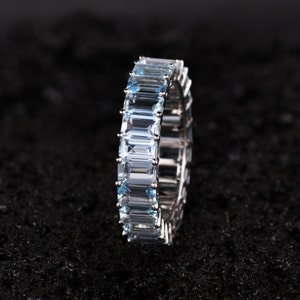 Unique Baguette-Cut Aquamarine Wedding Band, Full Eternity Band, March Birthstone, 925 Sterling Silver, Aquamarine Jewelry, Promise Ring