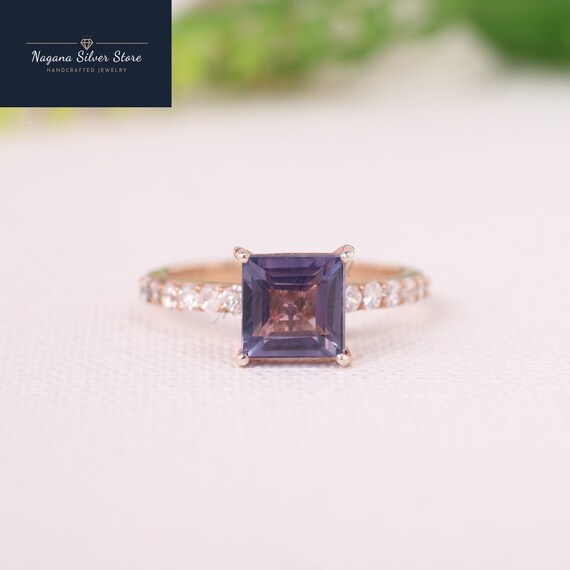 Princess Cut Alexandrite Engagement Ring 14K Rose Gold CZ Etsy