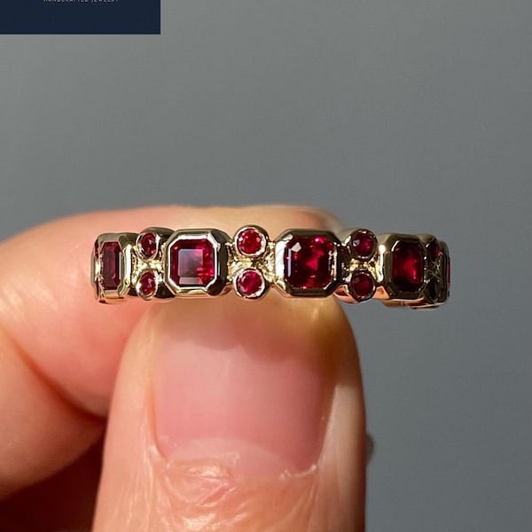 Vintage Ruby Wedding Band, Princess-Cut Ruby Ring, Bezel Setting Band, July Birthstone, Ruby Engagement Ring Half Eternity Band Promise Ring