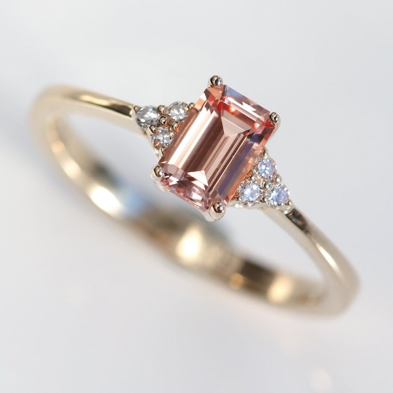 Emerald Cut Peach Sapphire Engagement Ring Minimal Dainty Etsy