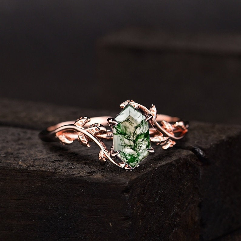 Long-Hexagon Cut Moss Agate Ring 925 Sterling Silver Ring Moss Agate Engagement Ring Branches Leaf Twig Nature Inspired Ring, Promise Ring image 3