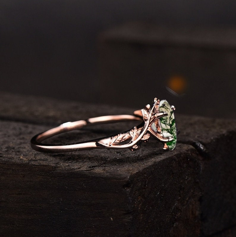 Long-Hexagon Cut Moss Agate Ring 925 Sterling Silver Ring Moss Agate Engagement Ring Branches Leaf Twig Nature Inspired Ring, Promise Ring image 5