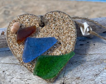 Christmas Tree Sea Glass and Shell Heart Ornament