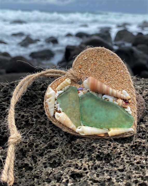 Light Green Sea Glass With Auger Shells on a Sandy Heart - Etsy