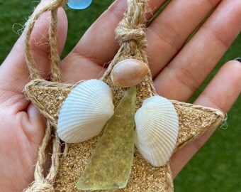 Light Yellow Sea Glass Angel with Shell Wings & Cowrie Shell Star Ornament