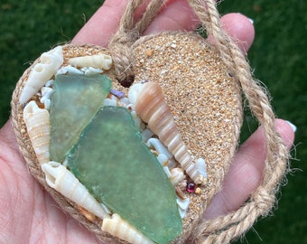 Light Green Sea Glass with Auger Shells on a Sandy Heart