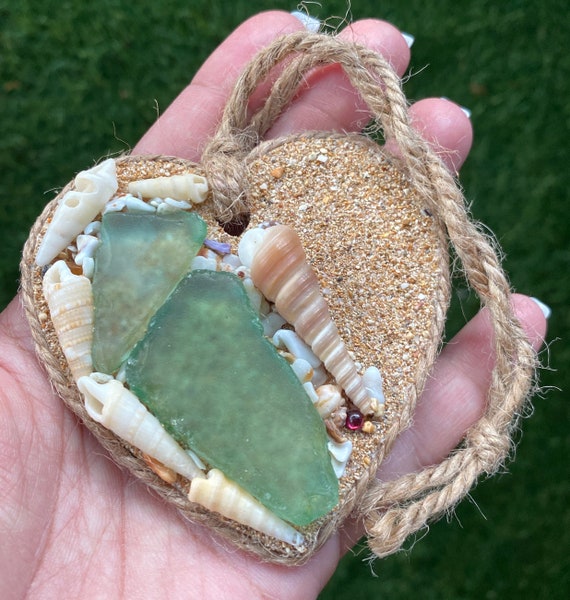 Light Green Sea Glass With Auger Shells on a Sandy Heart - Etsy