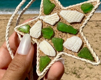 Green Sea Glass & White Shells Star Ornament