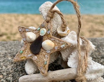 Brown Sea Glass Angel, Puka Shell & Aquamarine Halo, Light Gemstones Star Ornament