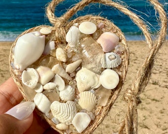 Rare White Cowrie, White Opihi & Clear Sea Glass Heart Ornament