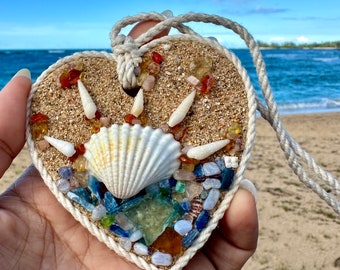 Sunrise Horizon Sand Heart Ornament with Tiny Shells, Citrine, Peach Moonstone & Kyanite with Aqua Sea Glass