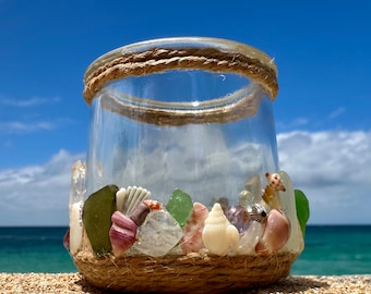 Waimea Glass Bowl Candle Holder with Colorful Shells, Sea Glass and Gemstones