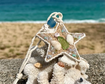 Light Green/Yellow Sea Glass Angel, Puka Shell Halo, Pink Gemstones and Blue Recycled Glass Bead Star Ornament