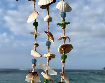 Papailoa Driftwood Mobile with White Coral, Turban Shells, Bright Sea Glass