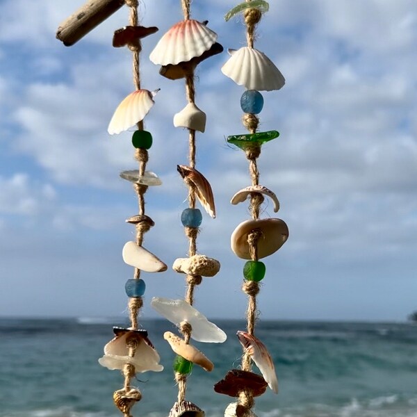 Papailoa Driftwood Mobile with White Coral, Turban Shells, Bright Sea Glass