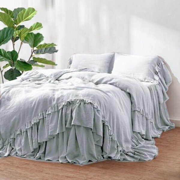 Rustic style linen bedding with double ruffles, French Linen bedding set, 3 PCS with 1 duvet cover 2 pillowcases FREE SHIPPING