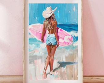 Coastal Cowgirl DIGITAL DOWNLOAD Art Print - Western Beach Vibes Howdy, Pink Wall Decor, Perfect Gift for Her, Pink Surf Board, Surfer
