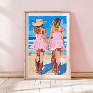 Coastal Cowgirl DIGITAL DOWNLOAD Art Print - Two Cowgirls, Beach, Coastal, Western Beach Vibes, Pink Wall Decor, Oil Painting