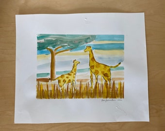Watercolor baby giraffe on safari
