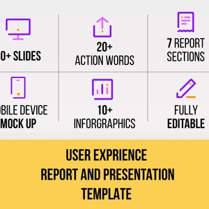 May include: A yellow and purple infographic with the text "User Experience Report and Presentation Template". The infographic highlights features of the template, including 50+ slides, 20+ action words, 7 report sections, a mobile device mock-up, 10+ infographics, and fully editable.