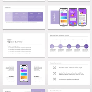 May include: A presentation slide deck with a purple and white color scheme. The slide deck is about user testing for a mobile app. The app is called "Hello Cheer" and features a cartoon woman doing a handstand. The slide deck includes a list of research participants, test tasks, and key findings.