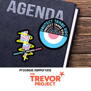 May include: Two stickers on a black leather agenda. The stickers are both round and have the text "Protect Trans Kids" in a circle. One sticker is a lightning bolt with a pink and blue marble design. The other sticker is a blue and pink target with a white center.