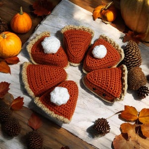 May include: Six crocheted pumpkin pie slices with white whipped cream topping. The slices are arranged in a circle on a wooden surface with fall leaves and pine cones.