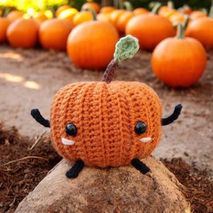 May include: A crocheted orange pumpkin with a green stem and black eyes. The pumpkin is sitting on a brown rock with other pumpkins in the background.