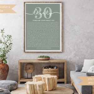 May include: A printable digital download of a green and white printable poster with the number 30 and the text "thirty" and "Things We Loved About You". The poster is framed and displayed on a wall in a living room setting.