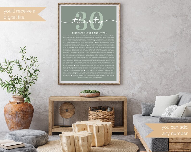 May include: A printable digital download of a green and white printable poster with the number 30 and the text "thirty" and "Things We Loved About You". The poster is framed and displayed on a wall in a living room setting.