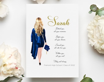 May include: A graduation card featuring a blue and white illustration of a woman in a cap and gown. The card has the text "Sarah" in gold lettering and the text "Behind you, all your memories. Before you, all your dreams. Around you, all who love you. Within you, all you need. Today and always. Fremont High School | Class of 2022."
