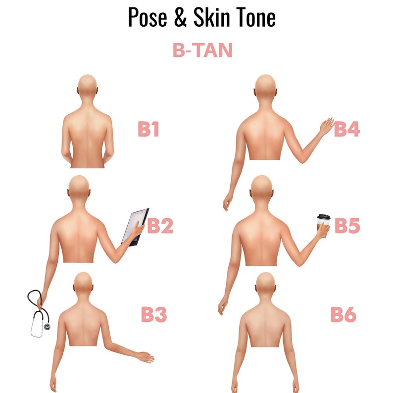 May include: Six illustrations of a person's back in different poses, labeled B1 through B6. The illustrations are used to show different skin tones, labeled "B-TAN".