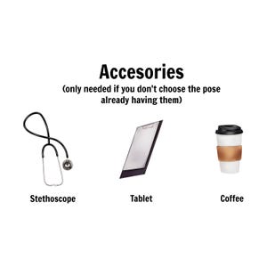 May include: Three accessories for a doctor or nurse: a black stethoscope, a black tablet, and a white coffee cup with a brown sleeve.